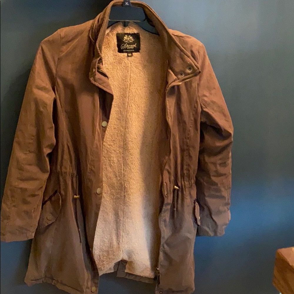 army green fuzzy lined anorak style coat